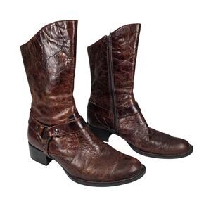 BORN CROWN WOMEN'S BROWN LEATHER MID‑CALF BOOTS SIZE 7/38 ZIPPER WESTERN STYLE